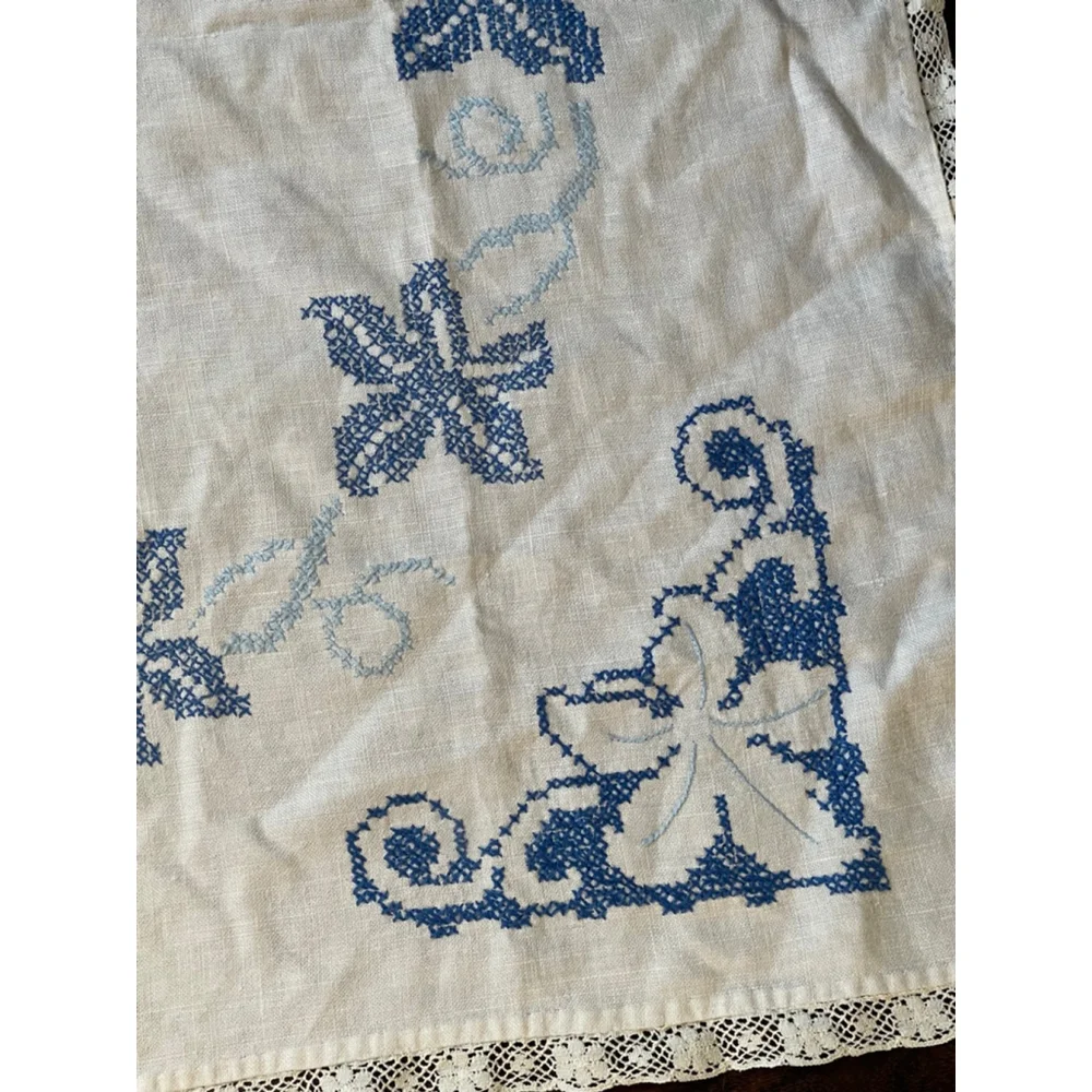 Vintage Linen Table Topper Blue Cross Stitch Floral Lace Trim 34x34 Cottage